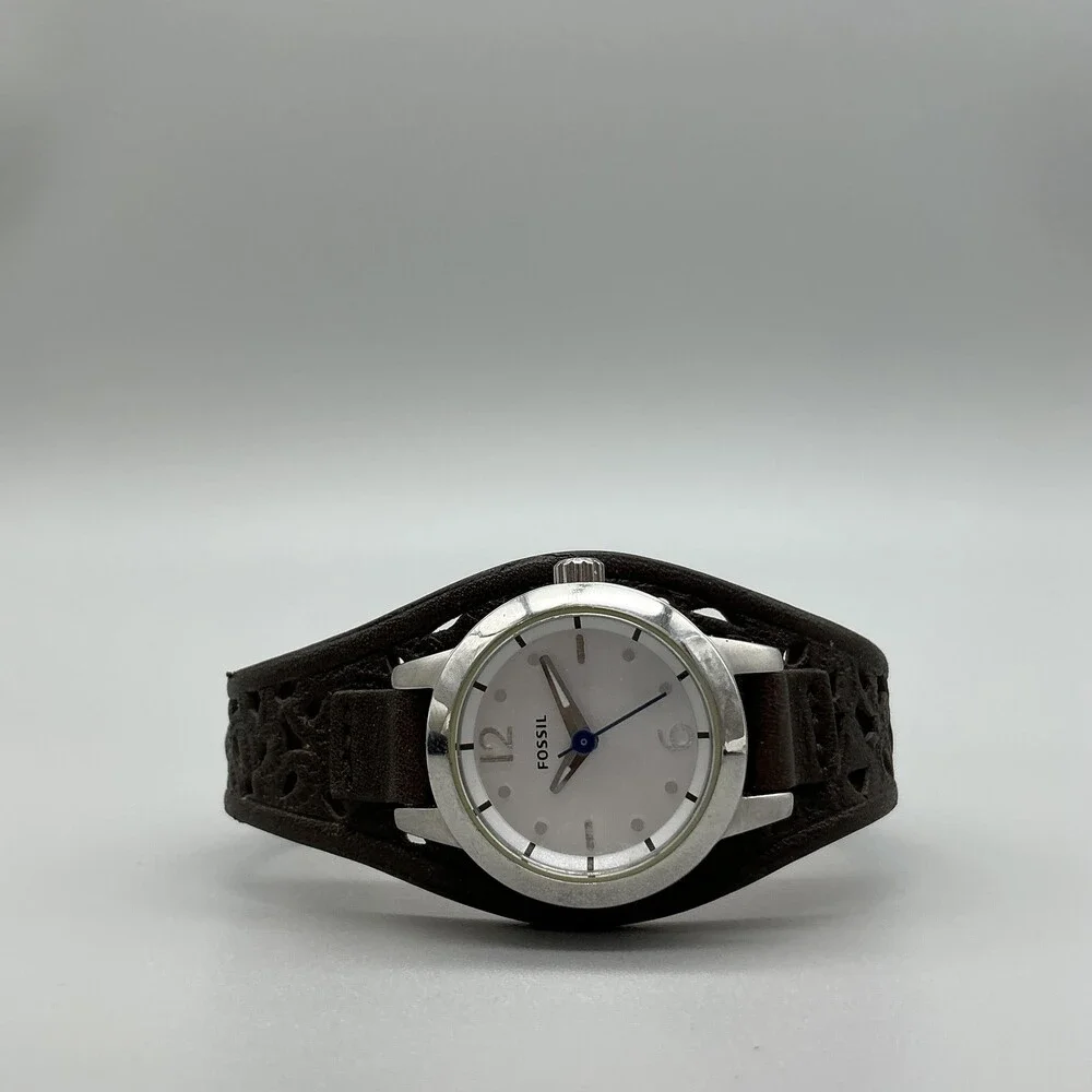 Fossil JR-1258 Womens Watch 27mm Silver Dial Brown Leather Cuff New Battery